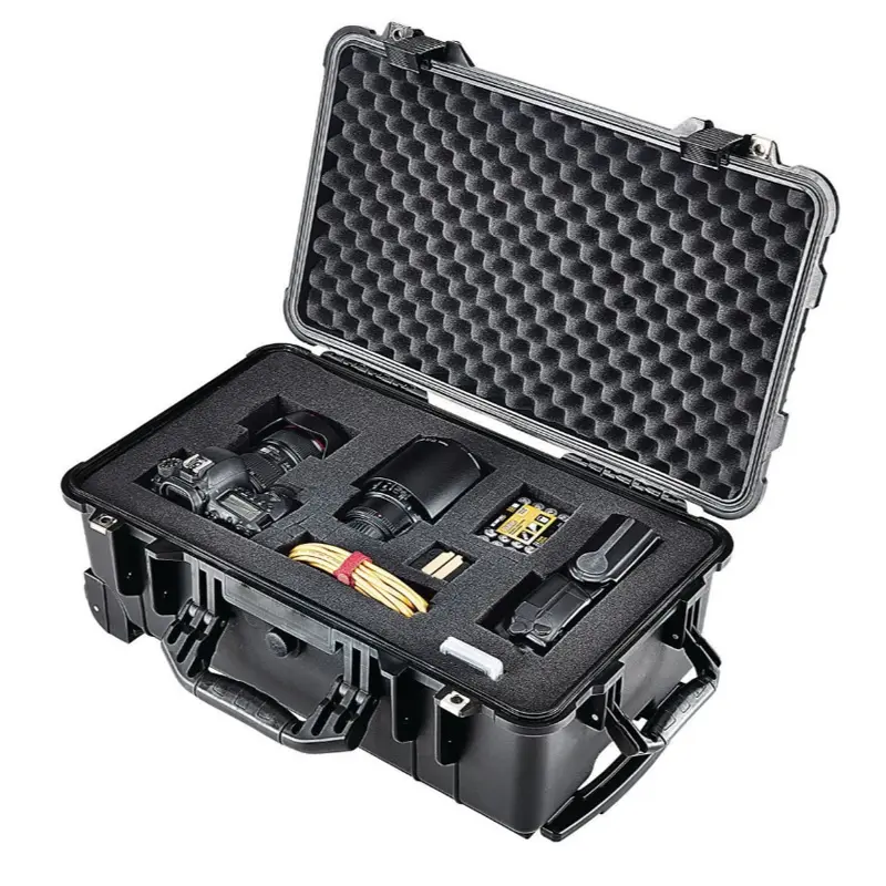 अच्छी गुणवत्ता हार्ड ले जाने उपकरण निविड़ अंधकार मामले ट्राली बॉक्स पहियों के साथ सुरक्षा कैमरा मामले उड़ान मामले के साथ फोम