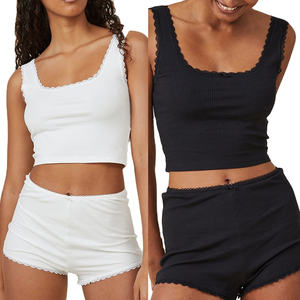 Dames Casual Basic Mouwloze Katoenen Geribbelde Kanten Tank Groothandel Dames Vest Kanten Shorts Rib Modal 2 Stuks Pyjama Set - Product Image 1