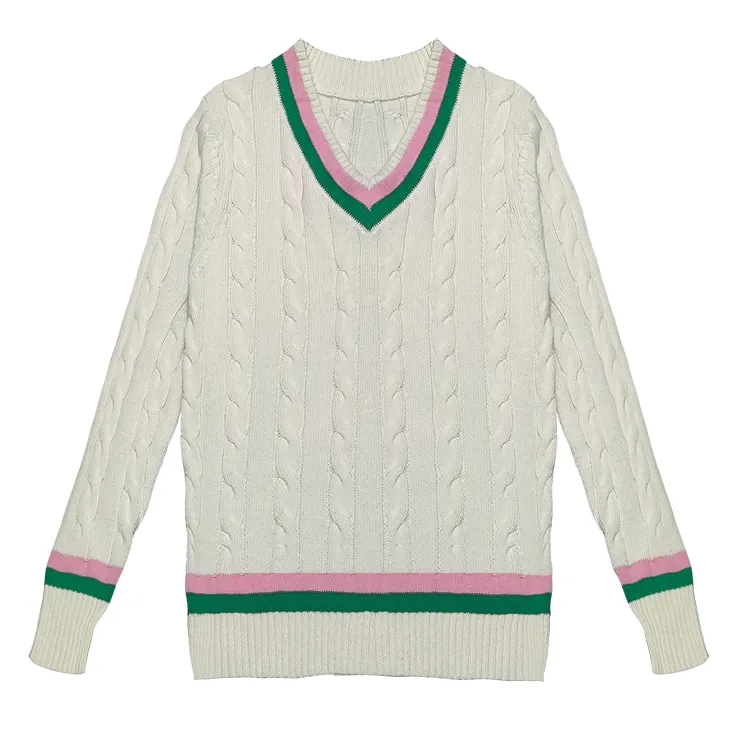 Custom Long sleeve women contrast color trim cable knitting V neck pullover top OEM green pink AKA 7GG cotton knit sweater