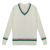 Изготовленные на заказ с длинным рукавом для женщин контрастного цвета, кабель вязание v-образным вырезом пуловер Топ OEM зеленый розовый AKA 7GG Хлопковый вязаный свитер