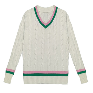 Jersey personalizado de manga larga con cuello en V y ribete de Color en contraste para mujer, suéter de punto de algodón verde rosa 7gg de OEM - Product Image 1