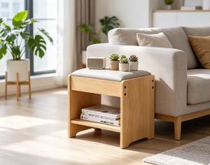 New Arrival Oak Wood Storage <b>Stool</b> with <b>Cushioned</b> Seat & Open Shelf for Entryway - Product Image 4