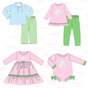 Conjuntos de ropa familiar para el Día de San Patricio para niños, apliques de trébol para niñas pequeñas, trajes ahumados, ropa de vacaciones personalizada para niños - Product Image 1