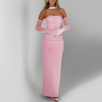 Robe longue moulante élégante pour femme, style Y2K, avec foulard, sans bretelles, en maille unie, avec gants, pour bal de promo, tenue de soirée, mariage, anniversaire