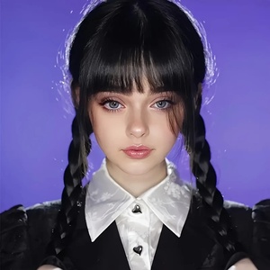 Peluca de cosplay de Halloween de la Familia <span class=keywords><strong>Addams</strong></span>, Wednesday, de fibra resistente al calor, negra, con doble trenza, para mujeres y niñas - Product Image 1