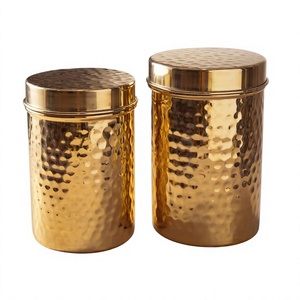 Set of 2 Hammered Golden Brass Storage <b>Jar</b> Canister With Airtight Lid For Kitchen Storage Organizer <b>Food</b> Container - Product Image 1