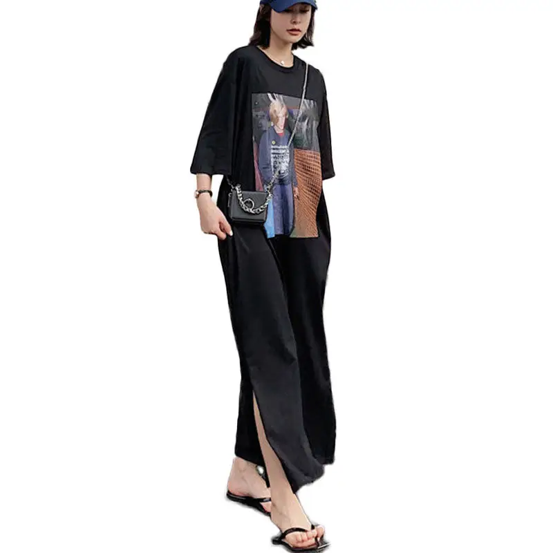 Wholesale Fashion Korean Long Maxi Graphic Dress Women Clothing Summer Print Oversized Floor-Length Casual Slit T Shirt Dresses