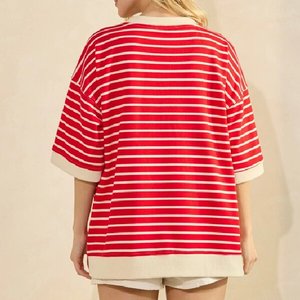 T-Shirt Oversize Casual da <span class=keywords><strong>Donna</strong></span> con Logo Personalizzato, Maniche Corte, Collo Tondo, in Spugna <span class=keywords><strong>a</strong></span> Blocchi di Colore <span class=keywords><strong>e</strong></span> <span class=keywords><strong>Righe</strong></span>, Produttore - Product Image 4