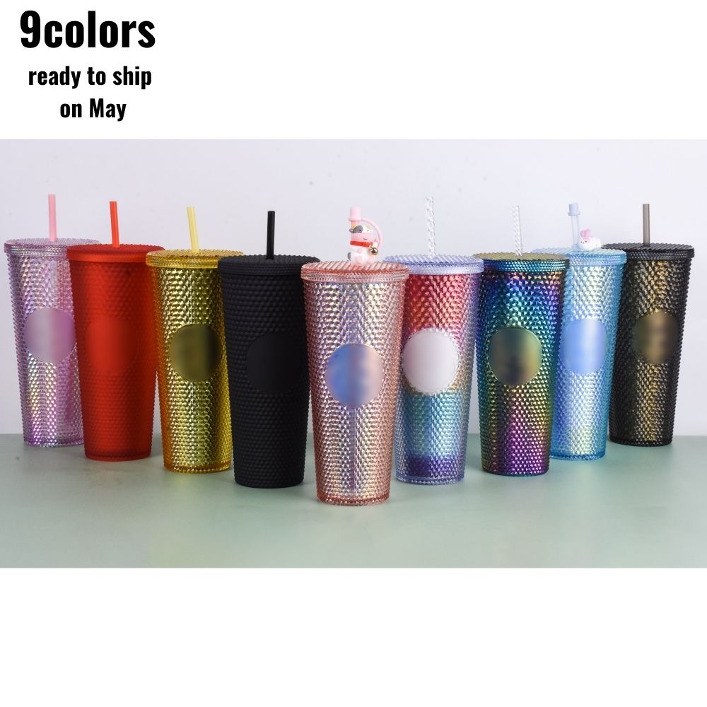 2021 готов к использованию, коралловые розовые бриллианты, двойная стена, пластиковый Шипованный стакан