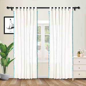 Nuovo Design 100% poliestere di dimensioni personalizzate <span class=keywords><strong>in</strong></span> tinta unita bianco con linguetta superiore piccole palline blu bordo tenda <span class=keywords><strong>in</strong></span> <span class=keywords><strong>Tulle</strong></span> trasparente per finestra all'ingrosso - Product Image 2