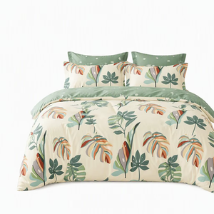 Juego de Ropa de Cama de Algodón con Estampado de Hojas Tropicales Monstera, Color Crema y Verde, para Venta al por Mayor y Dropshipping en la UE, 3 Piezas - Product Image 1