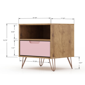 Mesita de noche rosa con marco de madera y patas de metal para almacenamiento en el dormitorio - Product Image 3