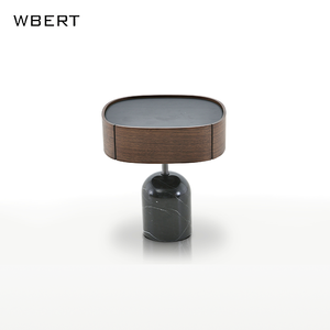 WBERT Italian Minimalist Black Walnut Wood Color & Natural Marble Base <b>Nightstand</b> Bedroom Bedside Table for Home Furniture - Product Image 2