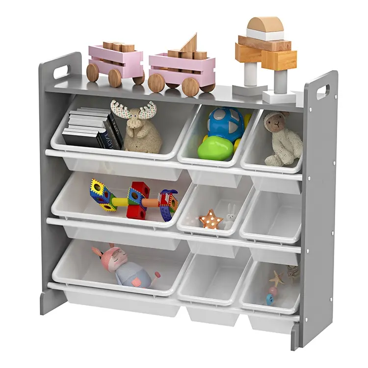 Portable montessori baby children room 9 plastic bin storage cabinet metal tube wood kids toys organizer shelf