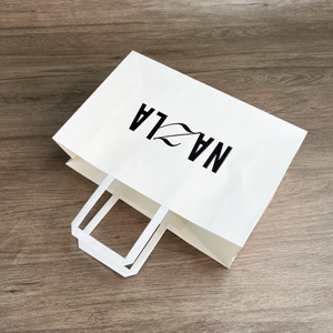 Cheap Wholesale Custom White Kraft Paper Bags with Black Logo - Flat Handle Shopping Bags for Clothes - Product Image 6