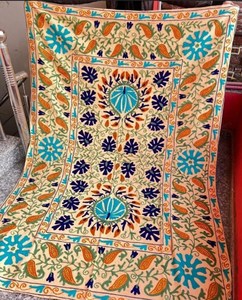 Couverture en coton ouzbek Suzani brodée à la main, couvre-lit, tapisserie murale colorée - Product Image 5