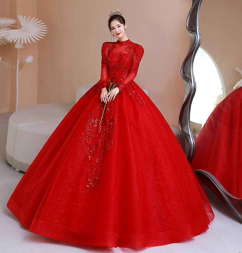 ZX-71 Fluffy Red Wedding Dress - Long Sleeve High Neck Bridal Gown with Lace & Sequins, Plus Size, All-Season Wear ZX-71 Fluffy Red Wedding Dress - Long Sleeve High Neck Bridal Gown with Lace & Sequins, Plus Size, All-Season Wear