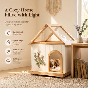 Nouvelle niche pour animaux de compagnie en bois miniature pour intérieur, avec toit translucide et design sculpté à la main, adaptée aux chats et aux chiens. - Product Image 2