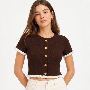 <span class=keywords><strong>Cardigan</strong></span> Donna Estivo Vintage in Maglia a Costine <span class=keywords><strong>Marrone</strong></span> Scuro con Volant e Maniche Corte, Personalizzabile OEM ODM con Logo Personalizzato da Immagine - Product Image 3