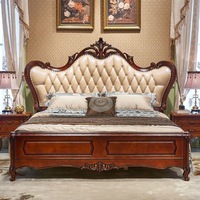 Lit double en bois massif sculpté de style européen et américain traditionnel, avec revêtement en cuir véritable, pour chambre à coucher, ensemble de meubles de mariage