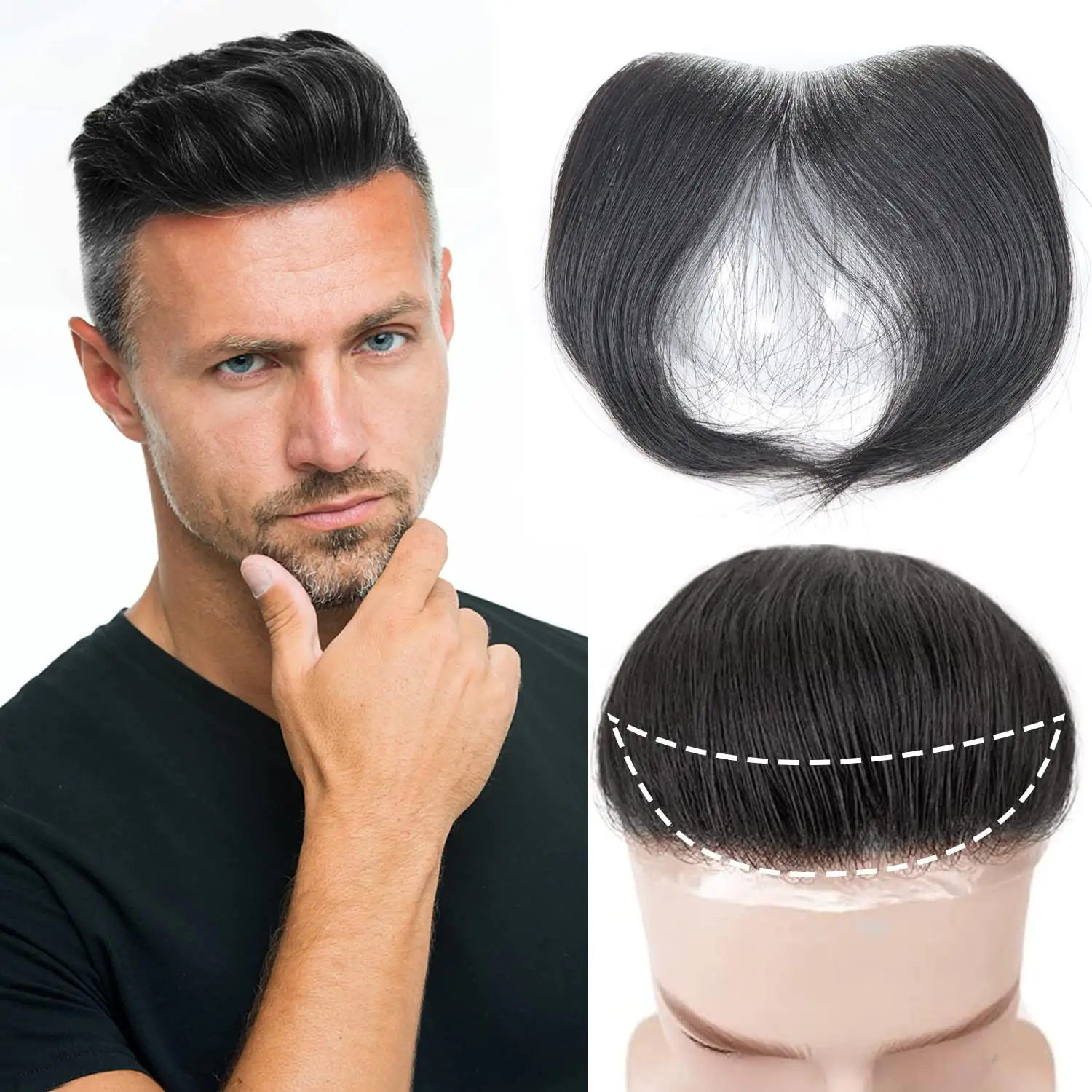 Men Topper 100% Remy Human Hair Piece V Loop Mens Frontal Wigs Replacement Front Hairline Toupee for Men