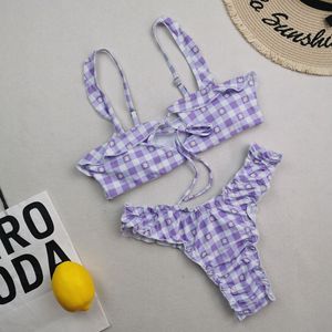 Costumi da bagno Bikini Sexy europei e americani da donna con cravatta in corda perizoma in pizzo a due pezzi costumi da bagno Bikini costumi da bagno all'ingrosso - Product Image 5