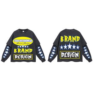 Camiseta personalizada Poping Dance Mock de <span class=keywords><strong>dos</strong></span> piezas con estampado de algodón rasgado desgastado Vintage de doble capa Camiseta de manga larga para hombres - Product Image 2