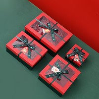 Kotak Kaku dari Bahan Daur Ulang Kotak Hadiah Natal Merah dengan Jendela Transparan Desain Pita Kotak Kemasan Permen Cokelat
