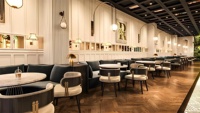Meubles de café d'hôtel de luxe haut de gamme, table et chaise de salle à manger, canapé de restaurant demi-cercle rond en bois et velours vert à dossier haut