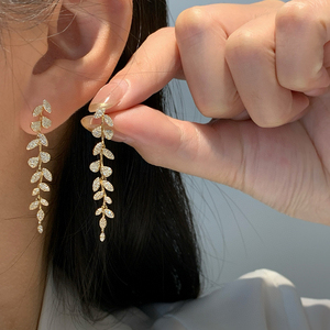 Aazuo – bijoux en or blanc massif 18 carats, or jaune, diamant naturel véritable, feuilles de fée, boucles d'oreilles longues, cadeau pour femmes, fête de mariage - Product Image 6