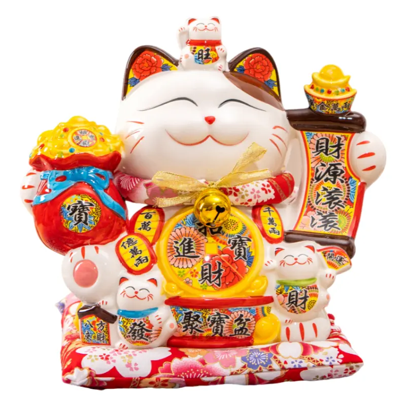 Zierartikel Feng-Shui-Statue bemalte Keramik Katzen Münzbox 14 Zoll Glückskatte Ferkel Bank Maneki-Neko Dekoration