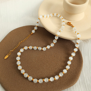 Cat's Eye Beaded <b>Titanium</b> Steel Necklace Geometric Ball Shape Unisex Everyday Wear Clavicle <b>Chain</b> Jewelry - Product Image 2