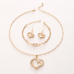 Fashionable Popular Gold Plated Love Heart Diamond Pendant Jewelry Set Double Peach Heart Necklace <strong>Bracelet</strong> Earrings <strong>Combo</strong> - Product Image 6