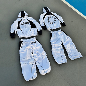 Setelan Olahraga Musim Dingin Kasual Bernapas Model Windbreaker Dua Potong Jaket Berkerudung dengan Ritsleting & Celana Motif Huruf Bahan Nilon Ritsleting Pria - Product Image 1