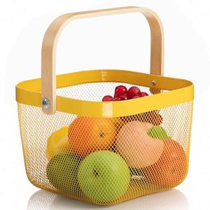 Metal <b>Mesh</b> Steel <b>Basket</b> Storage Organizer Multi-functional Hanging Kitchen <b>Basket</b> Fruit <b>Basket</b> Bin with Bamboo Handle - Product Image 3