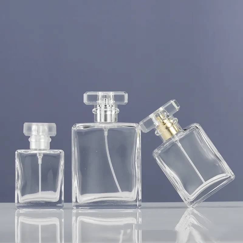 En Stock Botella de perfume de vidrio cuadrado transparente 20ml 30ml 50ml 100Ml Botellas de spray Hermosa botella de vidrio de lujo en aerosol