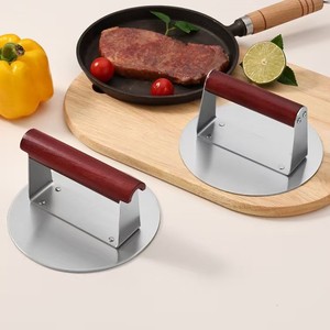 Presse à hamburgers antiadhésive en acier inoxydable avec manche en bois pour accessoires de grillades extérieurs - Product Image 5