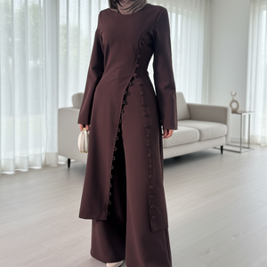 लोरिया <span class=keywords><strong>2026</strong></span> नवीनतम इस्लेमिक कपड़ों की महिलाओं के कपड़े शीर्ष बाया और पैंट के सामने बटन के साथ सेट किया गया है। - Product Image 1