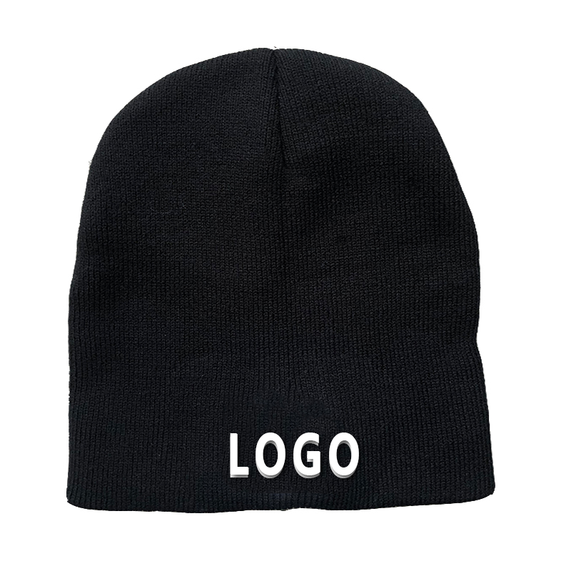 Custom Beanies Men Black Winter Slouchy Skull Cap 100% Acrylic Knit Beanie Hat With Logo