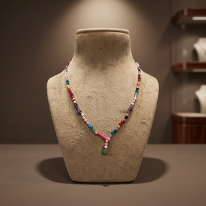 Sstringz Multicolor Crystal Beaded Y <b>Necklace</b> with <b>Pink</b> Cord Accent, Green Drop Charm and Handmade Boho Fashion Jewelry - Product Image 6