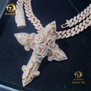 फैशन मैन गहने सोने का रंग हिप हॉप पेंडेंट s925 vs1 मोसानाइट डायमंड गुलाब क्रॉस पेलेंट क्यूबन चेन हार सेट - Product Image 3