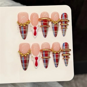 <span class=keywords><strong>Uñas</strong></span> Postizas Acrílicas con Diseño 3D Estilo Académico Vintage con Patrón Rojo Y2K, Hechas a Mano, con Acabado Brillante en Gel, Forma Almendrada, Personalizadas - Product Image 1