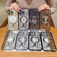 Étui magnétique transparent de placage de luxe pour iPhone 15 14 13 12 11 Pro Max Plus couverture mobile de charge sans fil