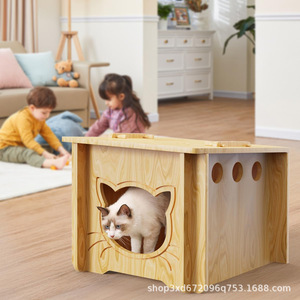 Cross-border wooden pet cat <b>house</b>, solid wood cat <b>bed</b>, all-season wooden detachable cat habitat - Product Image 3