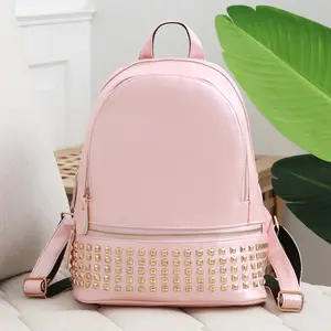 Ready To Ship Women leather Backpacks Genuine Leather Simple Classical Two Outer Zippered Pockets Leather Pink Studded Backpack