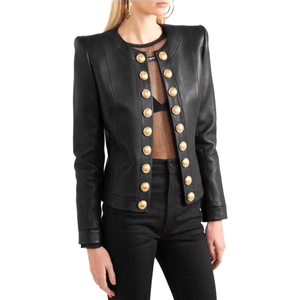 Veste en cuir d'agneau véritable sans col pour femme, de qualité supérieure, imperméable, boutons dorés, couleur noire, échantillon et personnalisation disponibles - Product Image 1