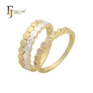 Z53201508 FJ Fallon Fashion Jewelry Double Cone Rows Wedding Set Rings Plated In 14K Gold Two Tone Brass Based