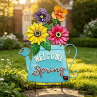 Piquet de jardin en métal avec arrosoir et fleurs, motif 'Bienvenue Printemps', pour porche avant, patio, pelouse et parterre de fleurs