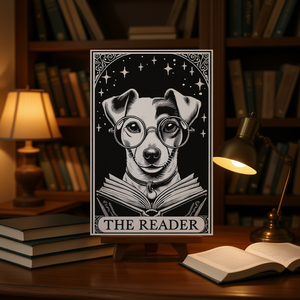 T-shirt vintage Jack Russell Terrier avec carte de tarot, vêtement promotionnel pour les lecteurs et les amoureux des livres - Product Image 3