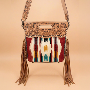 Sac à bandoulière en laine fait main, style ethnique bohème, avec franges, sac fourre-tout, sangle en cuir, motif floral, pour un usage quotidien - Product Image 1